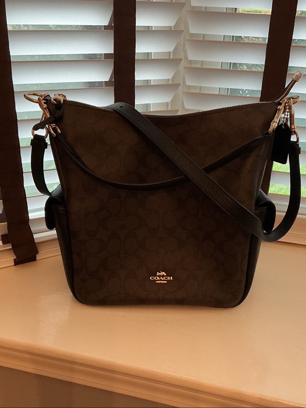 Coach Pennie Brown Black Signature Canvas Shoulder Bag with Gold Hardware